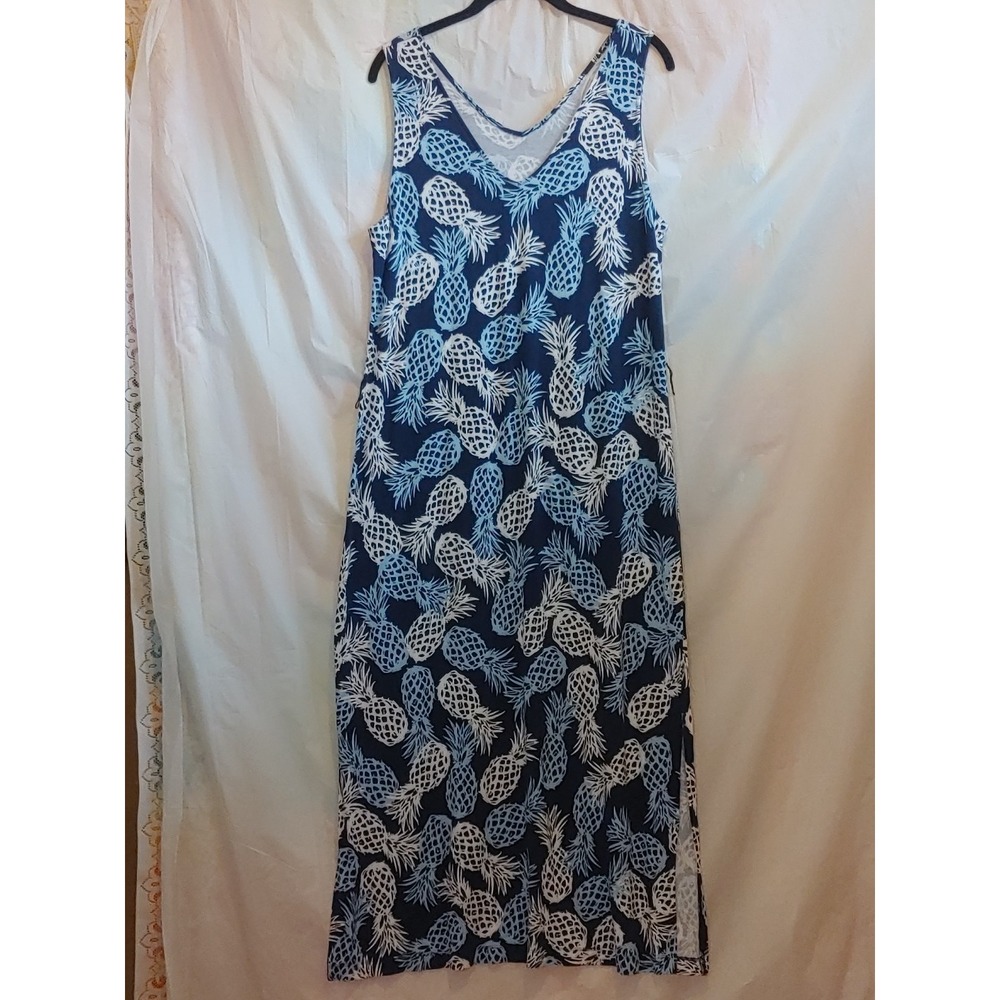 Pineapple Women's‎ Large Maxi Dress White Blue Boho Beach Side Slits Flow